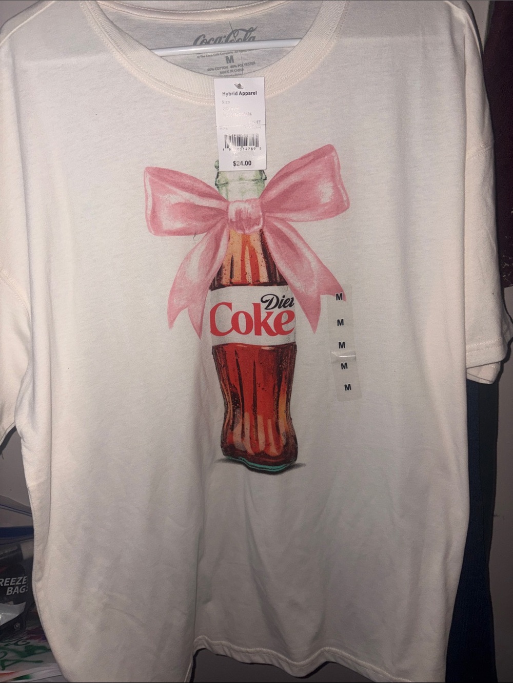 Diet Coke off-White Tee with Pink Bow and  Bottle Graphic
